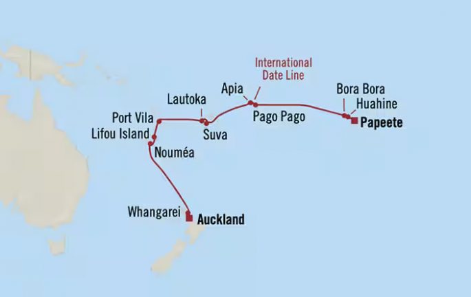 Oceania cruises Papeete to Auckland March 2025 cruise map